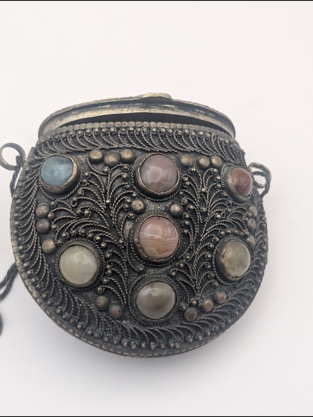 Vintage Sajai Metal Purse Handbag with Natural Agate Stones and Chain